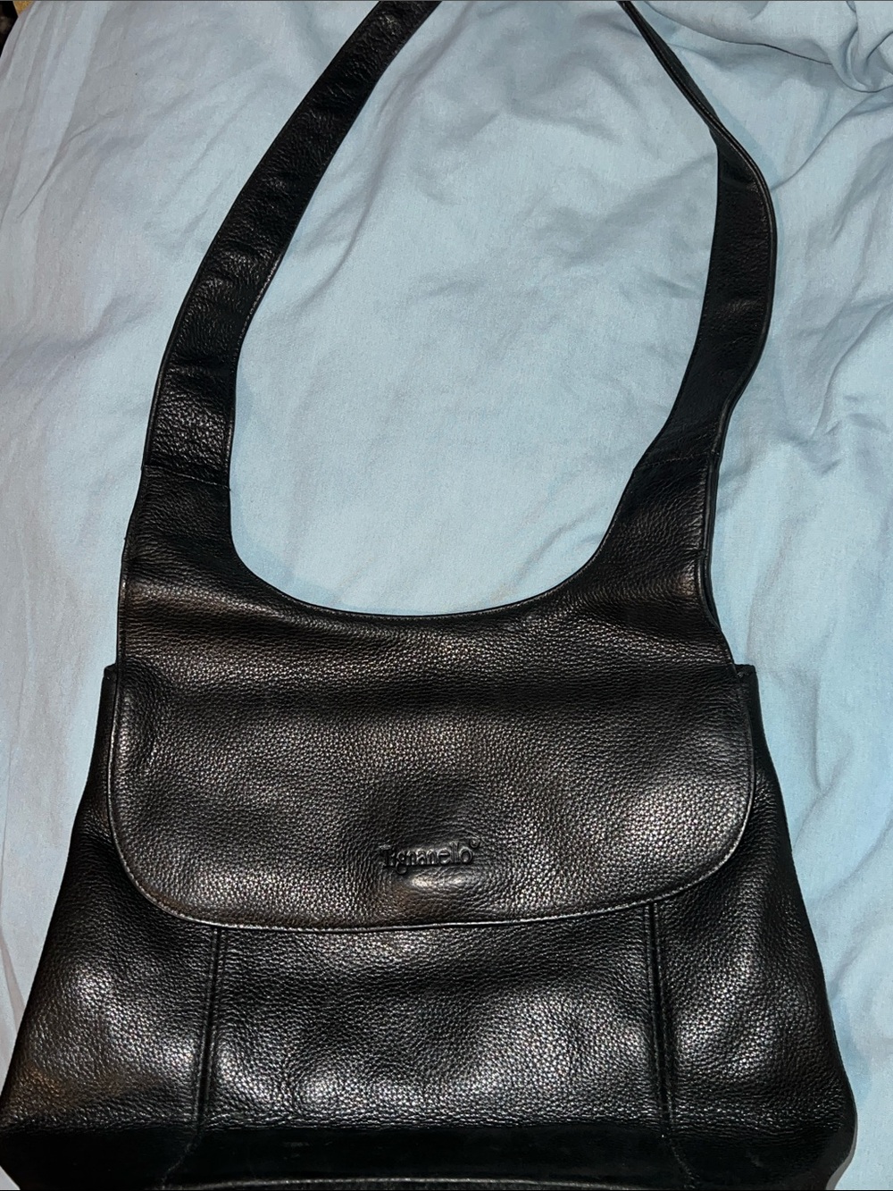 Vintage Tignanello Black Leather Shoulder Bag Flap Hobo Zipper Pocket